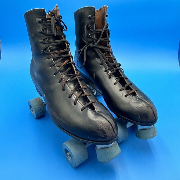 Vintage Riedell Black Leather Roller Skates Sure Grip Mens 8 Super X Old School - Picture 1 of 12